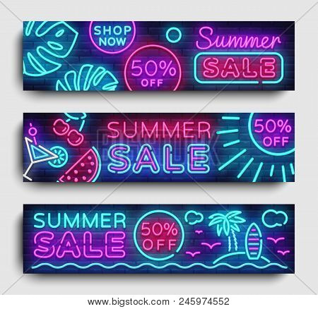 Summer Sale Neon Collection Horizontal Banner Vector. Advertising Banner In Modern Trend Design, Neo