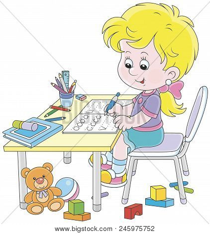 Little Girl Doing Her Homework In An Exercise Book With Samples Of Writing, Vector Illustration In A
