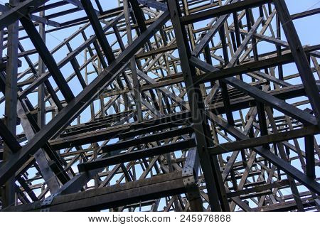 Abstract wooden Construction of art object in nikola lenivec park architectural background