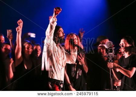 CAMDEN, NJ-JUNE 17: Jared Leto of 30 Seconds to Mars performs on June 17, 2018 at BB&T Pavilion in Camden, New Jersey.