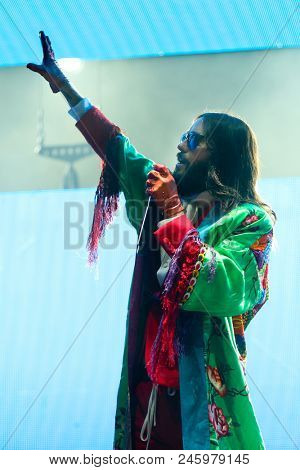 CAMDEN, NJ-JUNE 17: Jared Leto of 30 Seconds to Mars performs on June 17, 2018 at BB&T Pavilion in Camden, New Jersey.