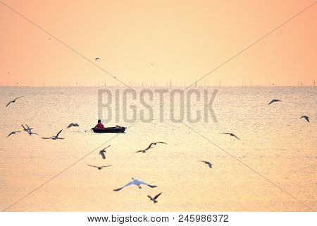 Fishermen Folkway, Float For Fishing In The Middle Of The Sea At Morning.