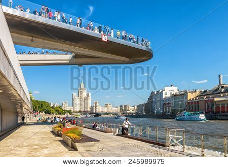 Moscow - June 16, 2018: Floating Bridge In Zaryadye Park Near Moscow Kremlin, Russia. Zaryadye Is On