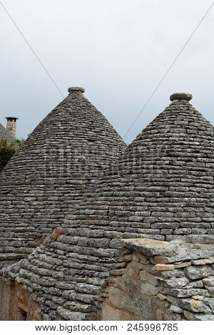 Unique Small South Italia City Alberobello With Antient Stones Conical Houses Trullo, Tourist Destin