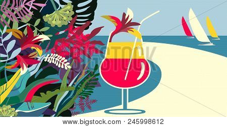 Illustration Of A Tropical Coctail Background With Ocean And Sails