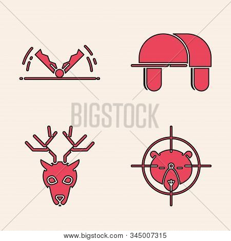 Set Hunt On Bear With Crosshairs, Trap Hunting, Hunter Hat And Deer Head With Antlers Icon. Vector