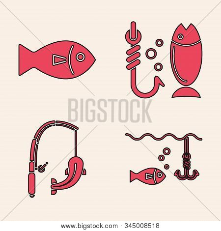 Set Fishing Hook Under Water With Fish, Fish, Fishing And Fishing Rod And Fish Icon. Vector