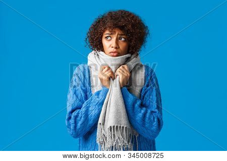 Silly And Sad, Gloomy African-american Girl Looking Outside Windy Snowy Weather Winter, Wrap Neck Wi