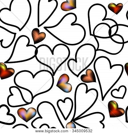 Seamless Hearts Pattern For Valentines Day. Hearts Illustration Drawn Black Line And Color Graphics 