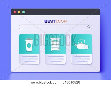 Set Hive For Bees, Cup Of Tea With Honey And Tea Kettle With Honey Icon. Vector