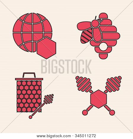 Set Honey Dipper Stick, Honeycomb Map Of The World, Hive For Bees And Honeycomb With Honey Dipper St