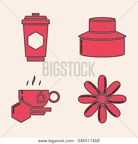 Set Flower, Cup Of Tea With Honey, Beekeeper With Protect Hat And Cup Of Tea With Honey Icon. Vector