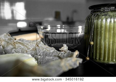 Ingredients And Utensils For Making Cookies And Cooking In The Background Of The Kitchen. Yellow But