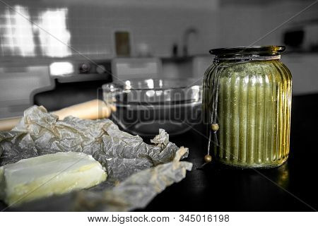 Ingredients And Utensils For Making Cookies And Cooking In The Background Of The Kitchen. Yellow But