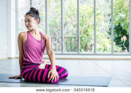Asian Women Workout Practicing Yoga Training Put On Pink Clothes And Practice Meditation Wellness Li