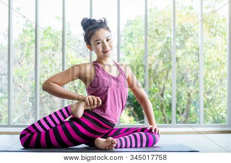 Asian Women Workout Practicing Yoga Training Put On Pink Clothes And Practice Meditation Wellness Li