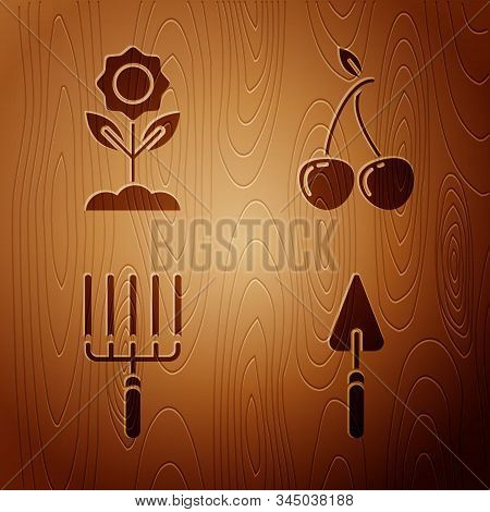 Set Garden Trowel Spade Or Shovel, Flower, Garden Rake In Work And Cherry On Wooden Background. Vect