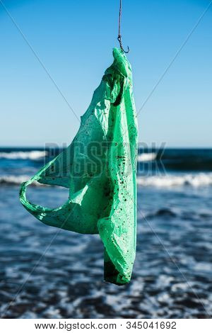 closeup of a used green plastic bag in a fish hook, freshly fished in the ocean