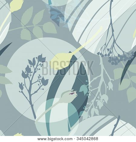 Silvery Circles, Green, Golden, Gray Flowers And Leaves. Abstract Floral Pattern In Gray-green Color