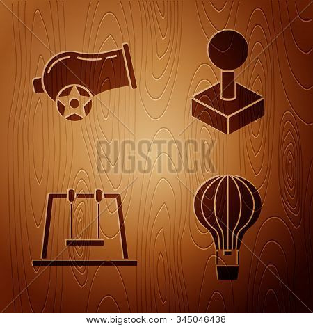 Set Hot Air Balloon, Cannon, Swing And Joystick For Arcade Machine On Wooden Background. Vector