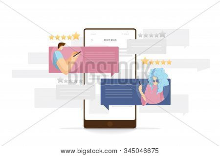 Man And Woman Writing A Comments By Cell Phone, Smartphone, Giving Feedback For Servise Or Product. 
