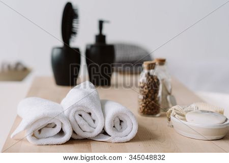 Stylish Bathroom Details. Modern Luxury Bathroom Concept. Soap, Brush, Towels And Bath Salt. Spa And