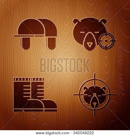 Set Hunt On Bear With Crosshairs, Hunter Hat, Hunter Boots And Hunt On Bear With Crosshairs On Woode