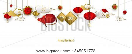 Happy Chinese New Year 2020 Of Rat. Banner With Hanging Red Mouse, Clouds, Lanterns, Flowers On Whit