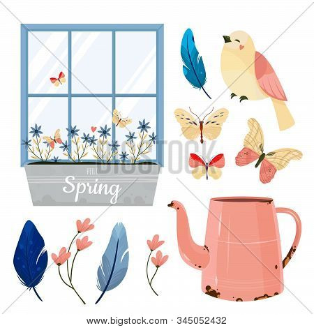 Vector Spring Set On White Background.  Window, Bird, Butterfly, Feather, Watering Can. Bright Color