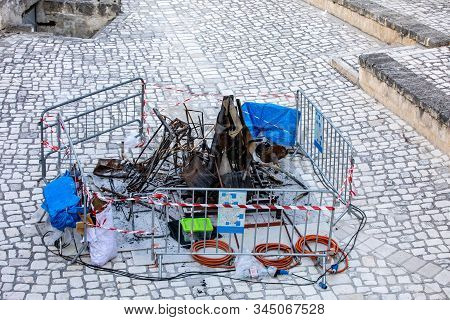 Matera, Italy - September 15, 2019: Bond 25, Scenography Elements Used For Explosion And Fire Scenes