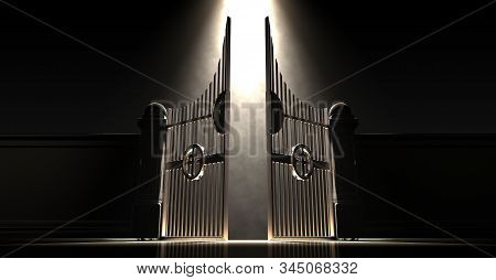 Pearly Gates Of Heaven Spotlit From Above By An Ethereal Light On A Dark Moody Background - 3d Rende
