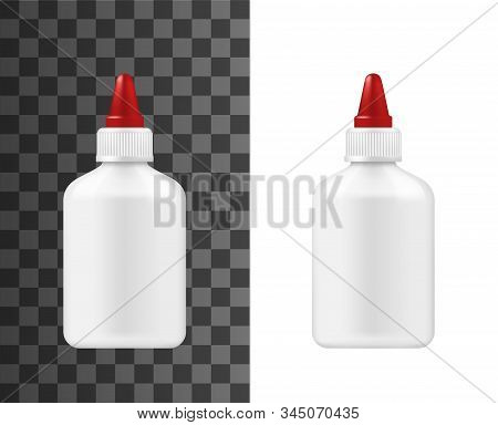 Glue Bottle, Plastic Container With Red Cap, 3d Mockup Template. Vector Isolated Super Glue Package,