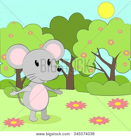 Vector Cartoon Mouse Walking In Park. Spring Flowers And Cartoon Grey Mouse.