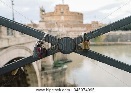 Love Locks On Santangelo Castle Blurred Background In Rome, Valentines Day