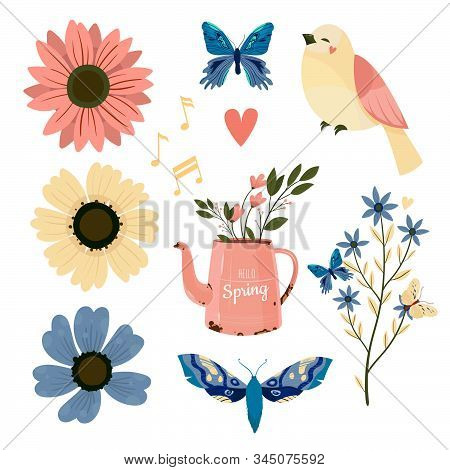 Vector Floral Spring Set On White Background. Flower, Bird, Butterfly. Bright Colorful Spring.