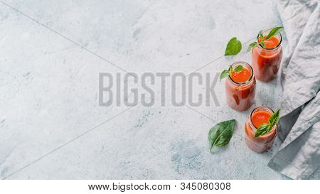 Delicious Gaspacho Soup In Glass Bottles. Traditional Spanish Cold Soup Puree Gaspacho Or Gazpacho O