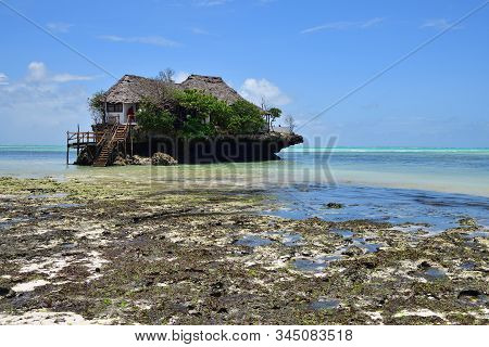 Pingwe, Zanzibar - October 6, 2019: The Rock Restaurant. It Is World-famous Restaurant Known For Its