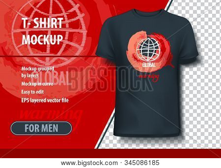 T-shirt Mock-up Template With Abstract Illustration Of Global Warming. Editable Vector Layout