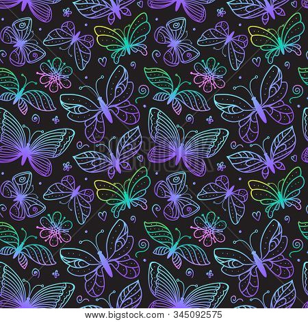 Bright Butterflies Seamless Pattern. Coloring Hand Drawn Line Illustrations. Bright Butterfly Magic 