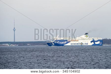 20 April 2019, Tallinn, Estonia. High-speed Passenger And Car Ferry Of The Finnish Shipping Concern 