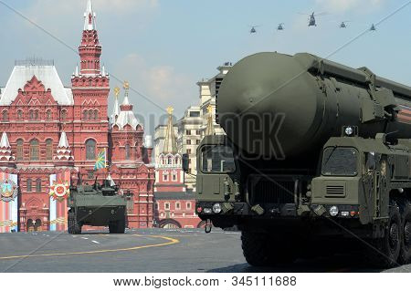 Moscow, Russia - May 7, 2019:military Equipment At The Dress Rehearsal Of The Parade On Red Square I