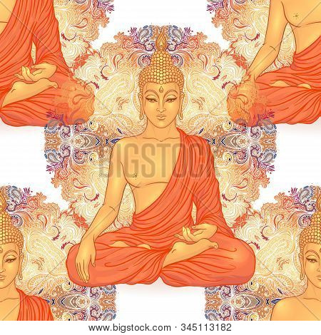 Buddha Head Seamless Pattern. Vintage Decorative Composition. Indian, Buddhism, Spiritual Esoteric, 