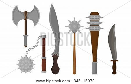 Medieval Weapons Vector Set. Ancient Metal Swords For Protection