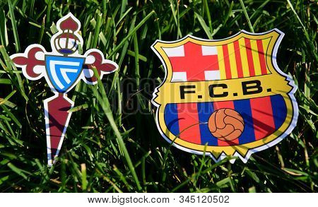 September 6, 2019, Madrid, Spain. Emblems Of Spanish Football Clubs Barcelona And Celta Vigo On The 