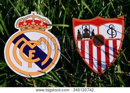 September 6, 2019, Madrid, Spain. Emblems Of Spanish Football Clubs Real Madrid And Sevilla On The G