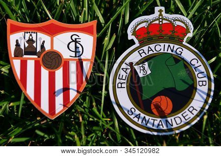 September 6, 2019, Madrid, Spain. Emblems Of Spanish Football Clubs Real Racing De Santander And Sev
