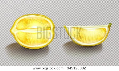 Lemon, Sliced Citrus Realistic Vector Illustration. Half Lemon And Piece Of Tropical Yellow Fruit Wi