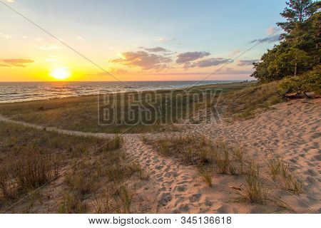 Winding Sandy Path On Sunset Beach At Hoffmaster State Park In Muskegon, Michigan.