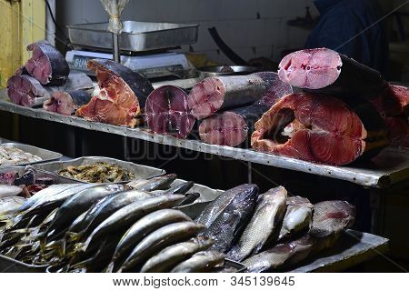 Raw Fishes On Fish Market Stall On Street. Fresh Seafood Market Vendor. Nuwara Eliya, Sri Lanka.