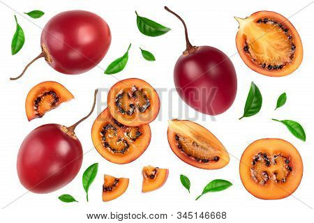 Fresh Tamarillo Fruit With Leaves Isolated On White Background. Top View. Flat Lay